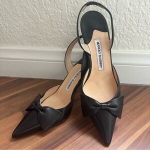 Manolo Blahnik Black Leather Bow Slingbacks